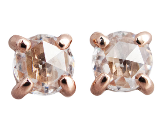 Rose Cut Moissanite Studs in 14k Rose Gold, 5mm moissanite, low 4-prong setting, Screw backs | Ready to Ship