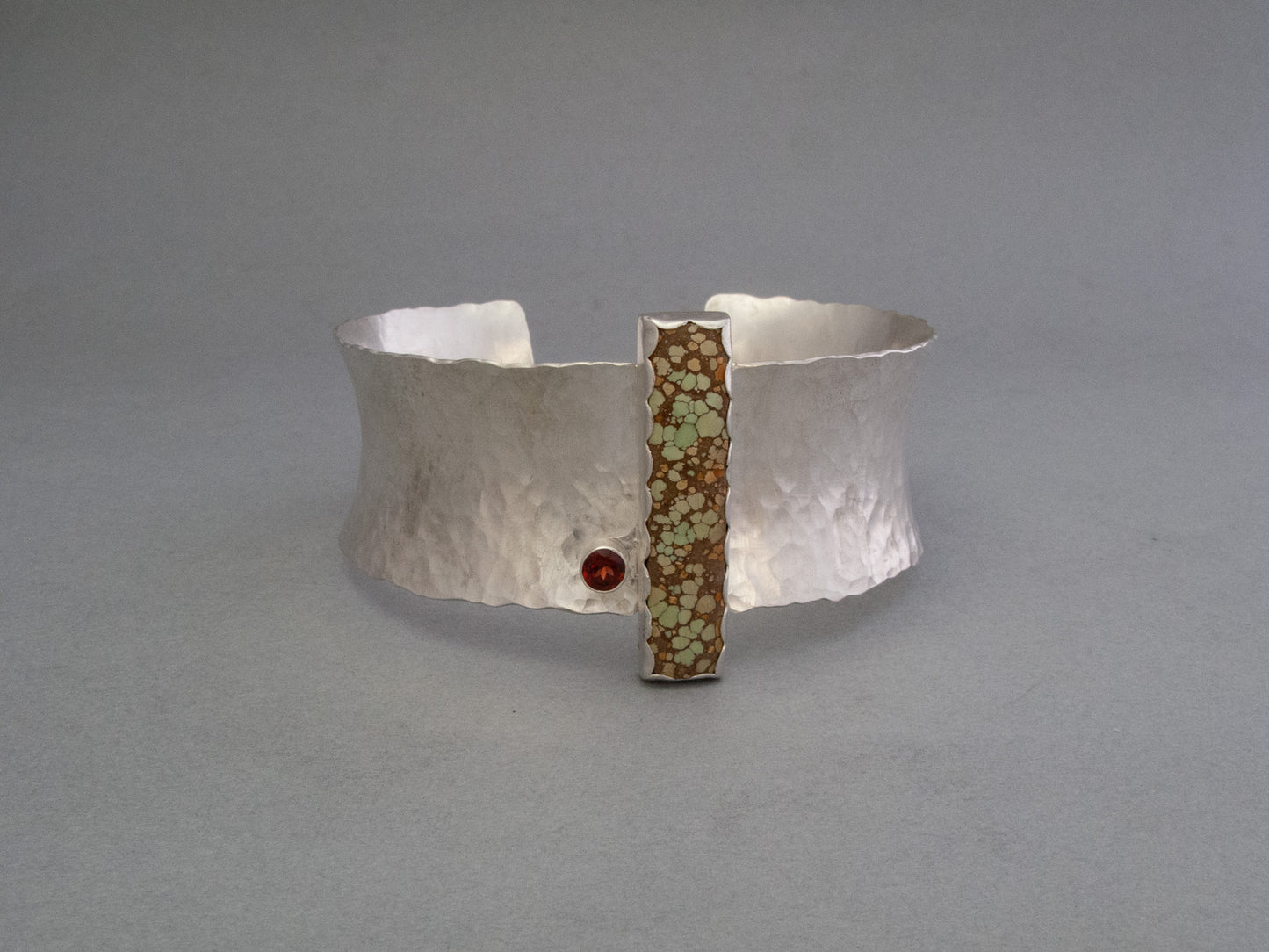 Hubei Turquoise and Garnet Statement Cuff Bracelet in Hammered Sterling Silver