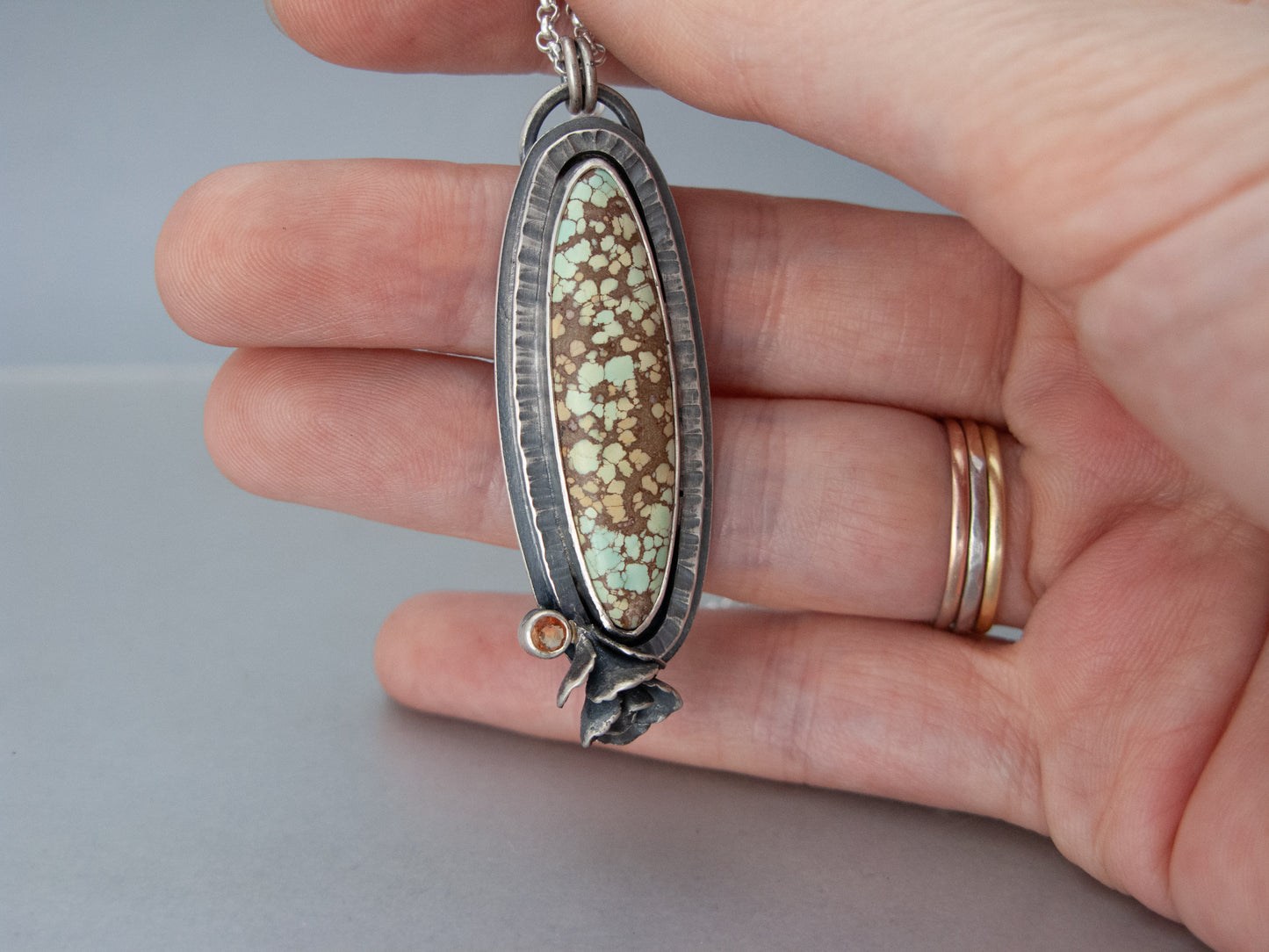 Turquoise and Golden Sapphire Necklace in Sterling Silver with a Hand Cast Succulent