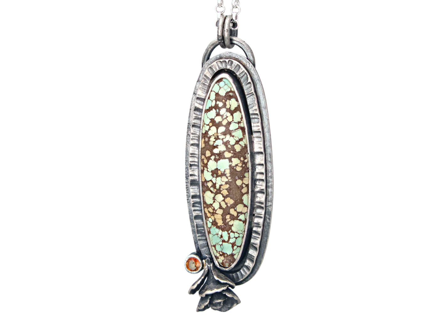 Turquoise and Golden Sapphire Necklace in Sterling Silver with a Hand Cast Succulent