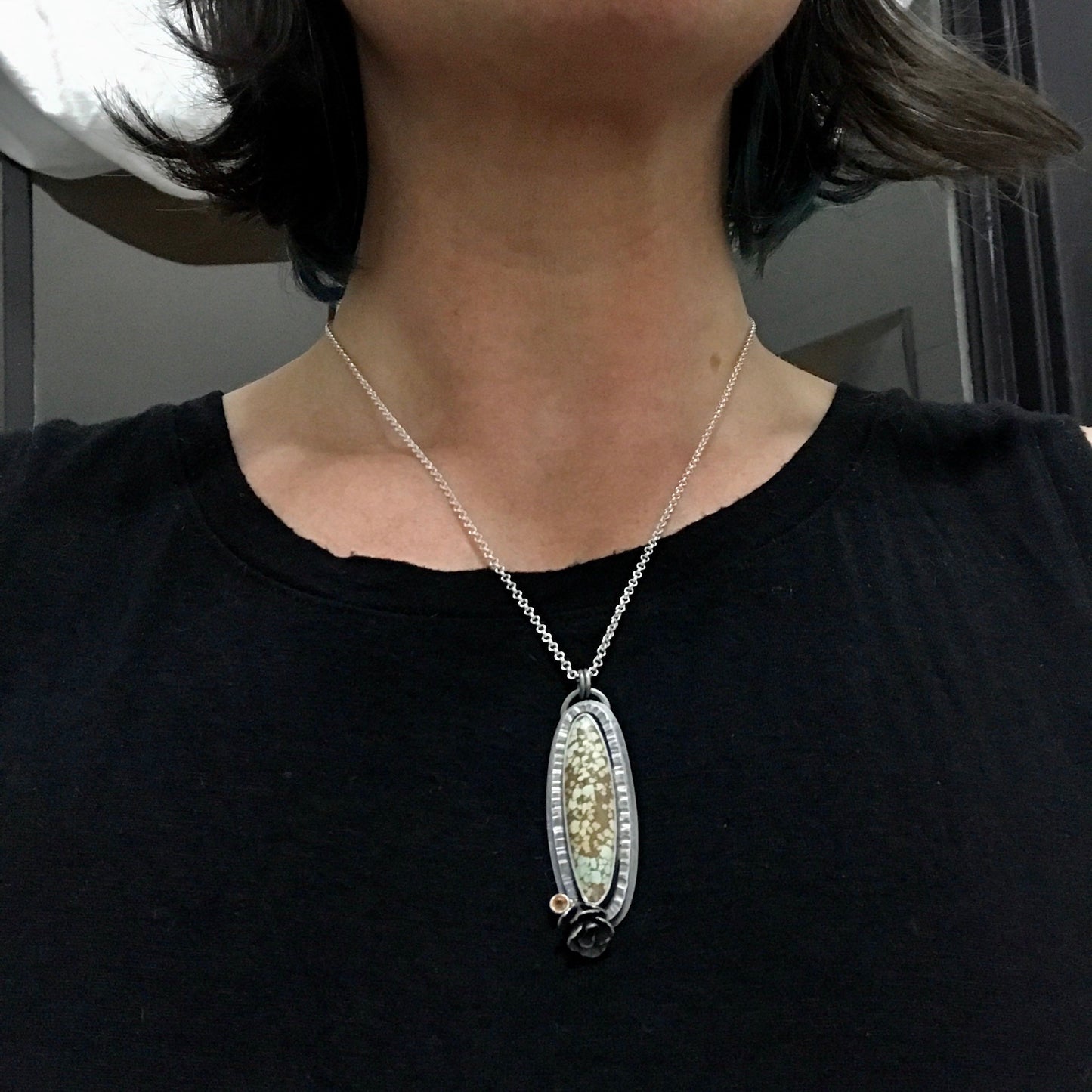 Turquoise and Golden Sapphire Necklace in Sterling Silver with a Hand Cast Succulent