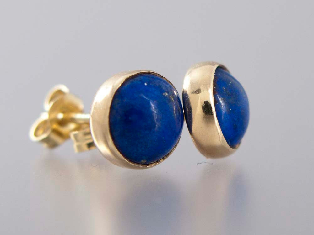 Lapis Lazuli Gold Stud Earrings, medium 6mm round blue cabochons in 14k gold bezels