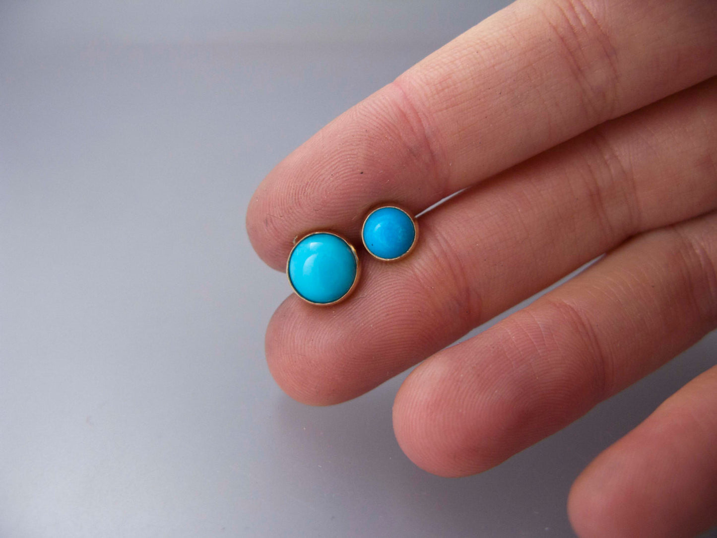Large Turquoise Gold Studs - 8mm round cabochon bezel earrings