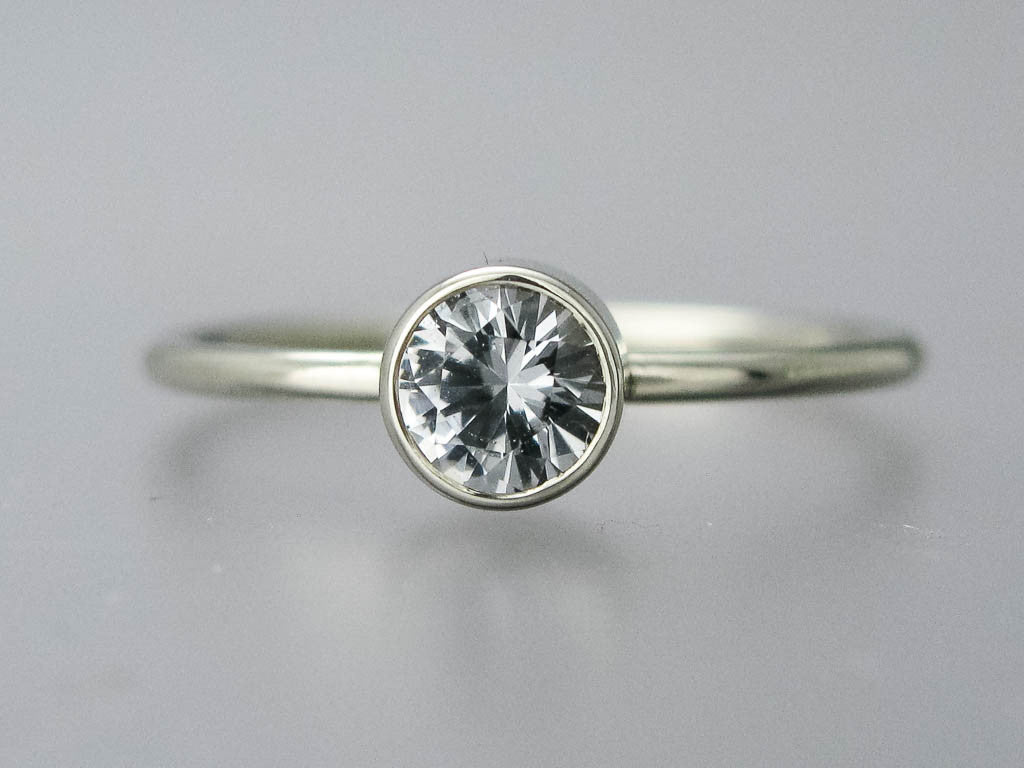 White Sapphire Engagement Ring with 3mm to 6mm Solitaire with Stacked Bezel and a Delicate 1.3mm Round Band Custom Made in 14k Gold