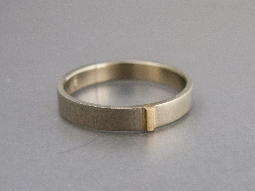 Two-Tone Gold Wedding Band - 4mm Wide Flat 14k White Gold Wedding Ring with Intersecting Yellow Gold Bar