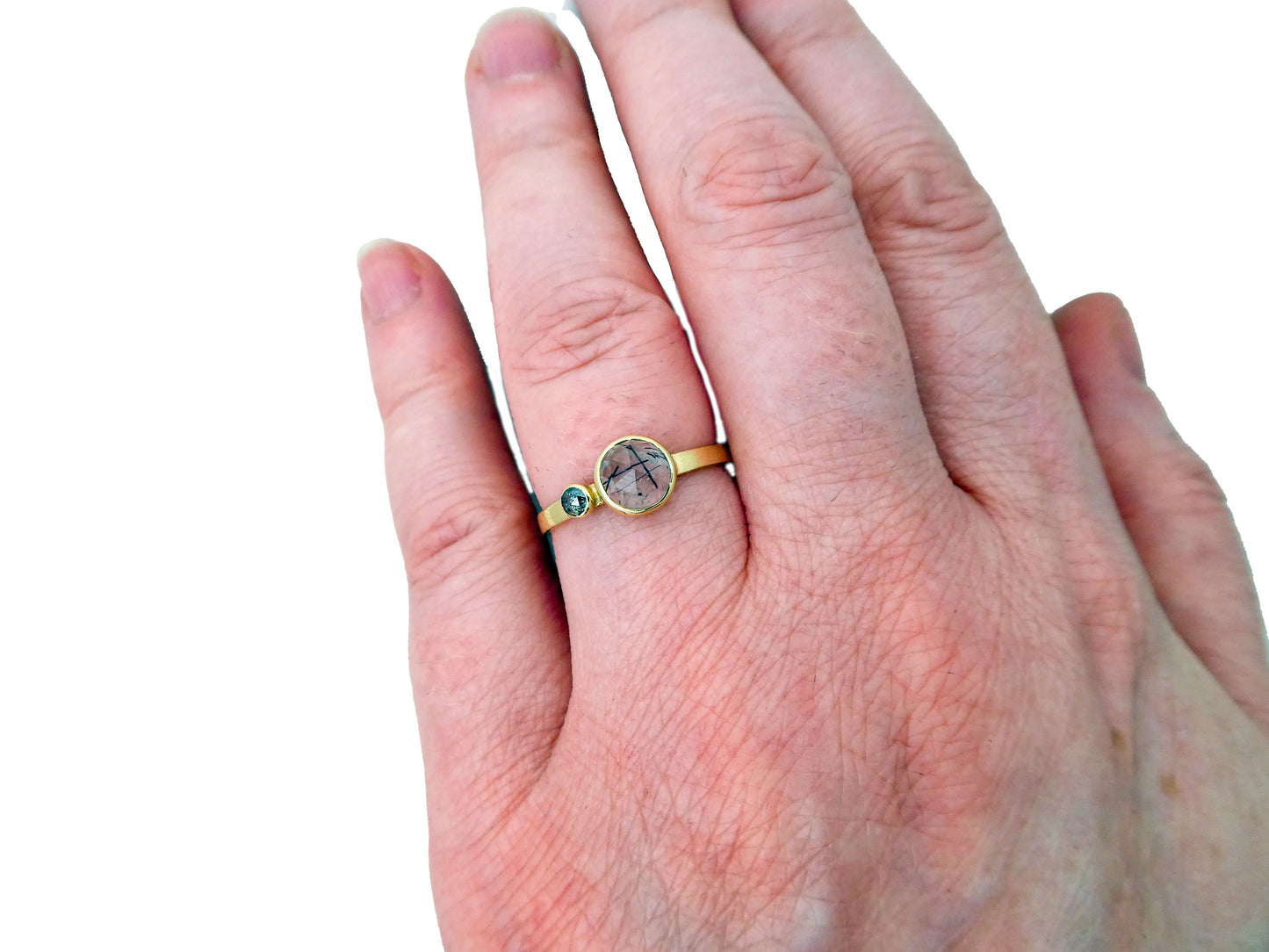 Black Tourmaline in Quartz 14k Yellow Gold Ring, accented with salt and pepper rose cut diamond, size 7
