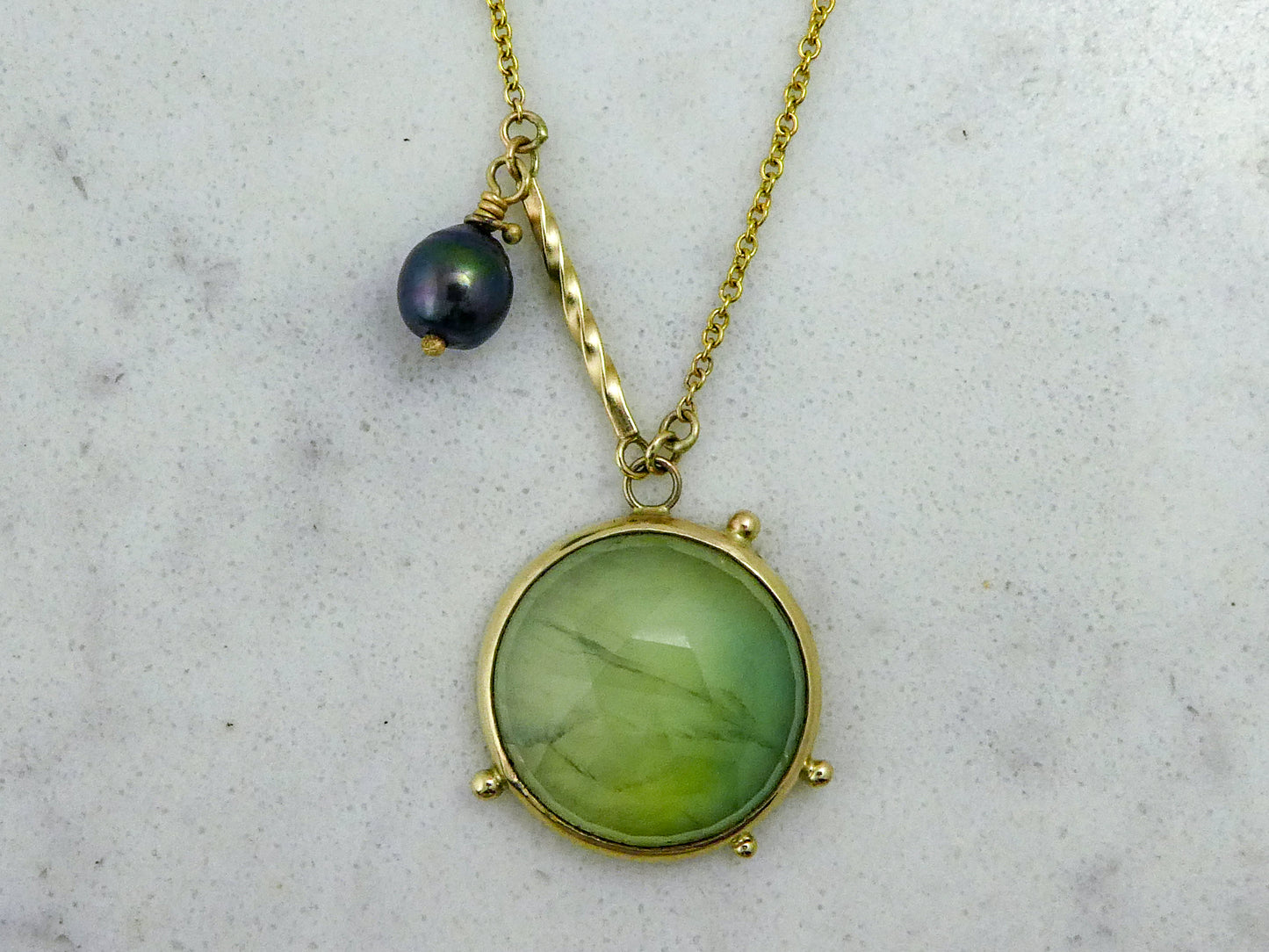 Green Prehnite and Peacock Pearl 14k Yellow Gold Necklace on an 18" 14k Gold Chain