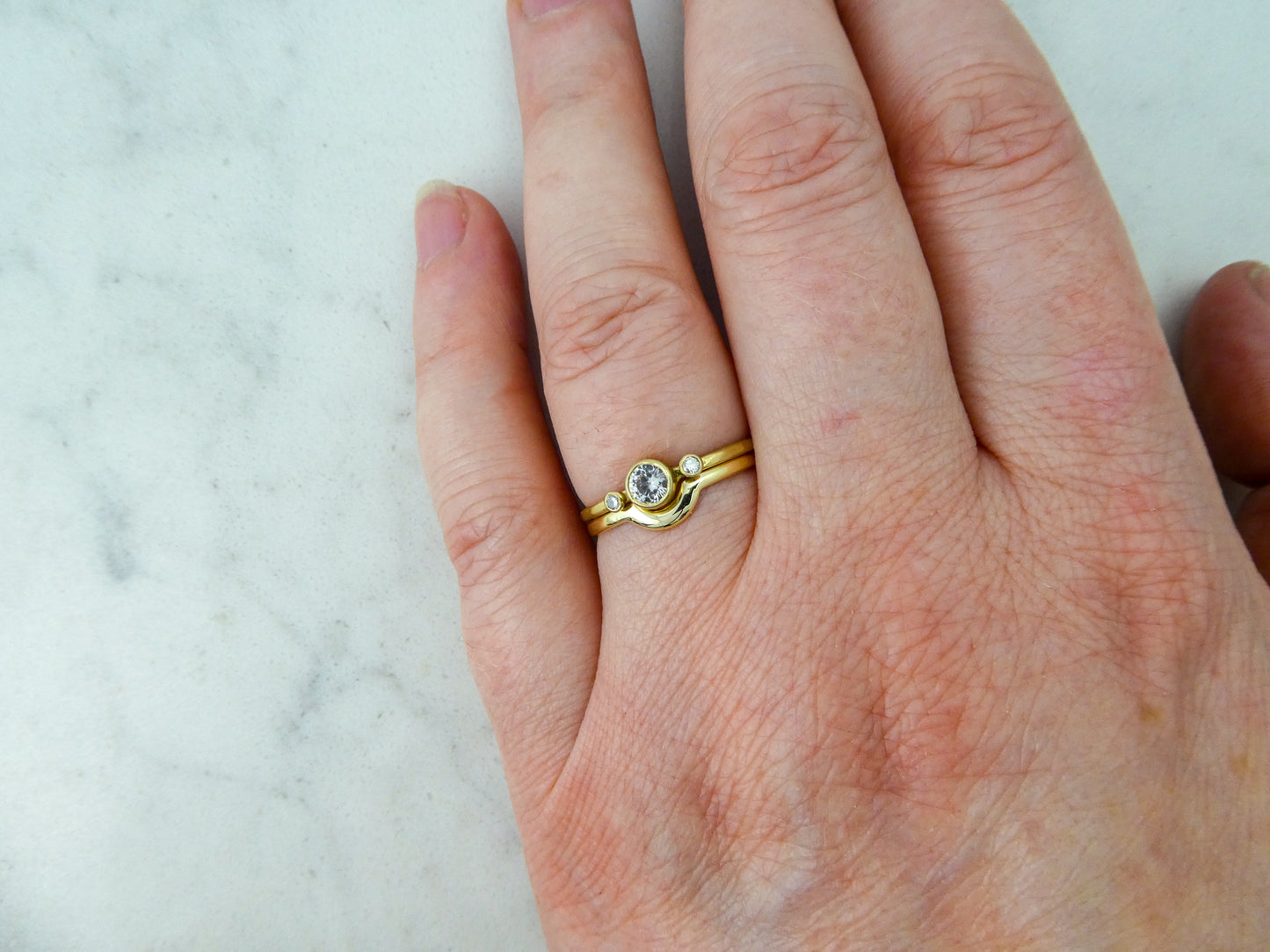 Three-Stone White Sapphire and Diamond Ring in 14k Gold | Made to order in yellow, rose or white gold
