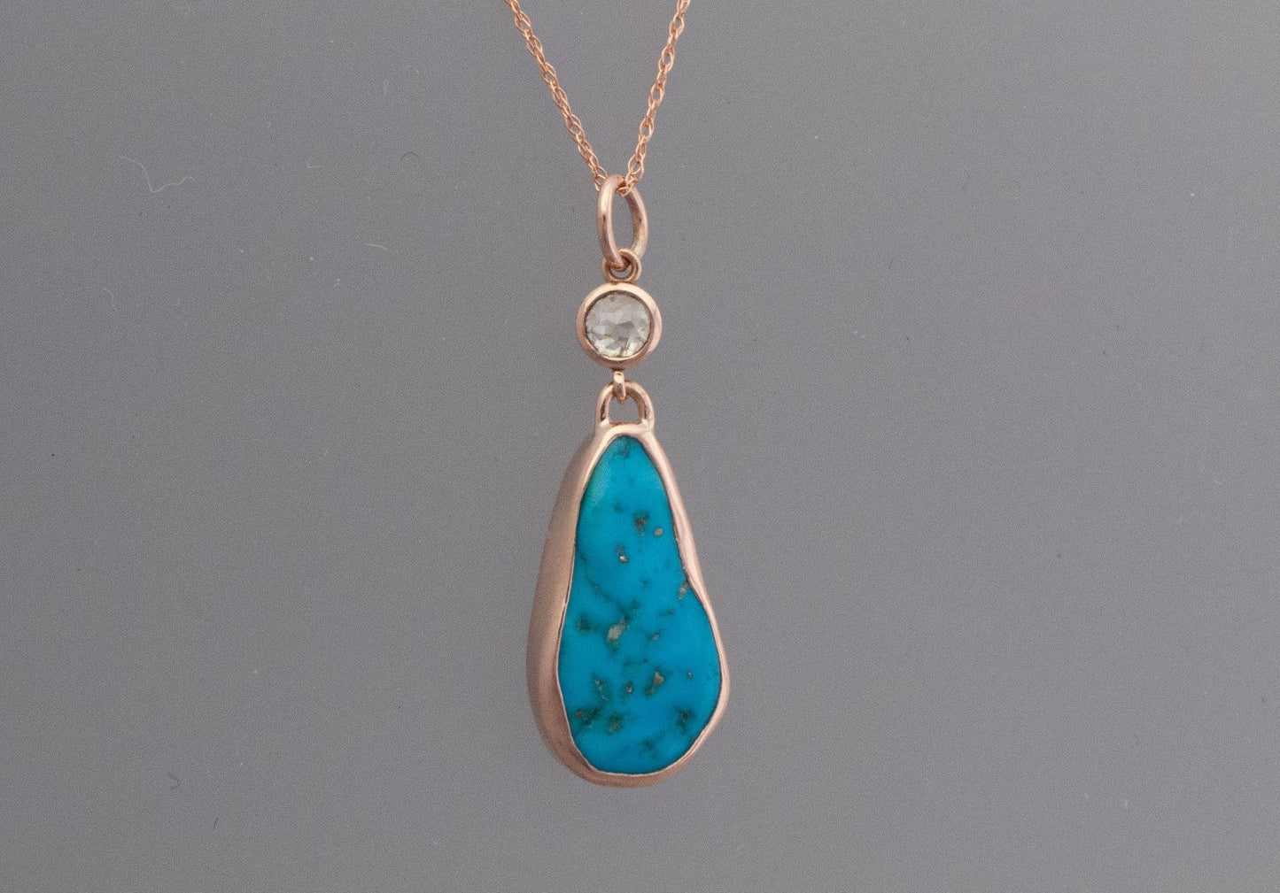Kingman Turquoise and Rose Cut Diamond Necklace in 14k Rose Gold