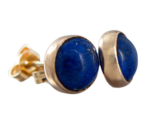 Lapis Lazuli Gold Stud Earrings, medium 6mm round blue cabochons in 14k gold bezels