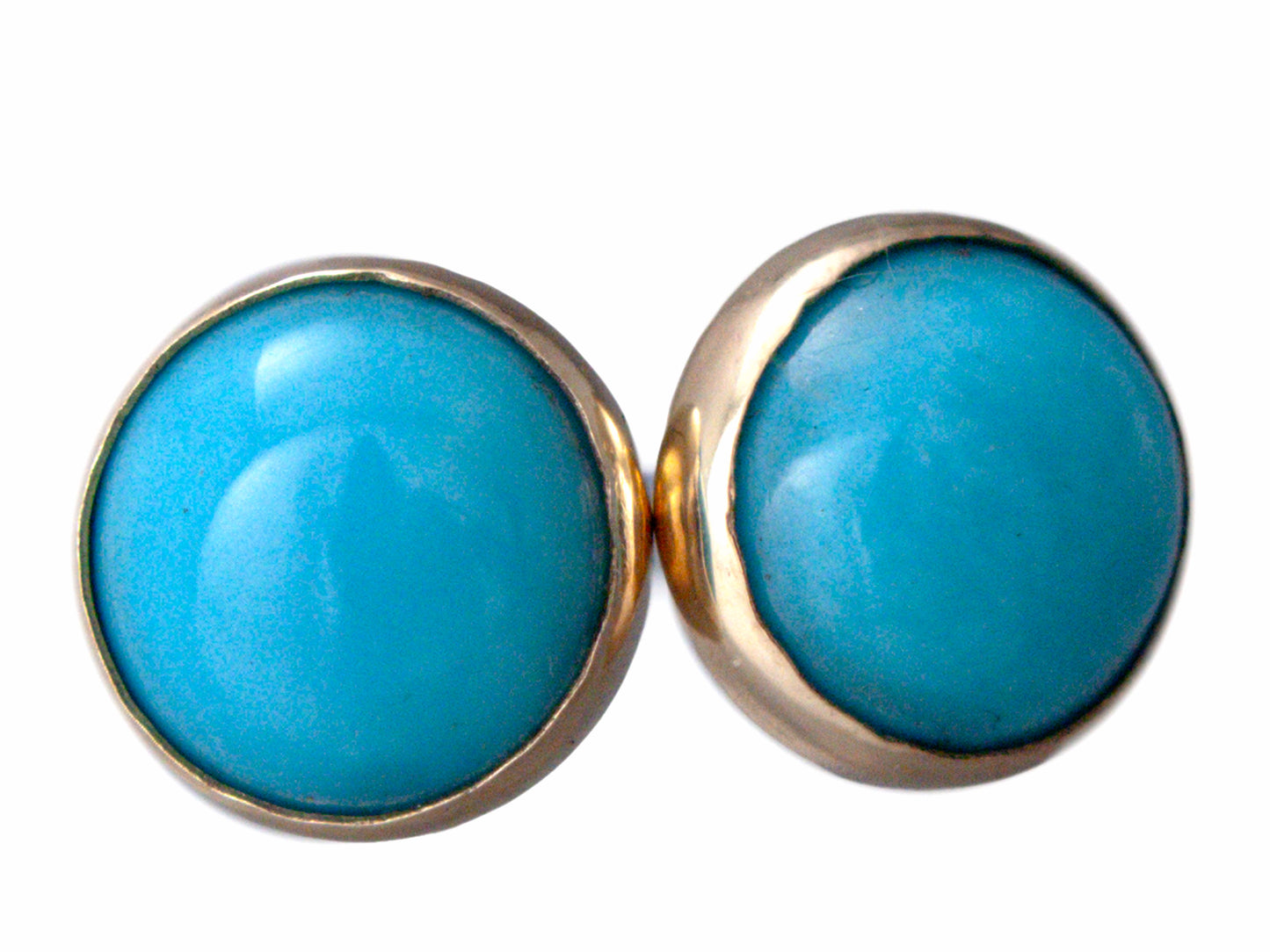 Large Turquoise Gold Studs - 8mm round cabochon bezel earrings