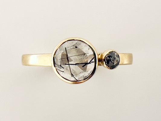 Black Tourmaline in Quartz 14k Yellow Gold Ring, accented with salt and pepper rose cut diamond, size 7