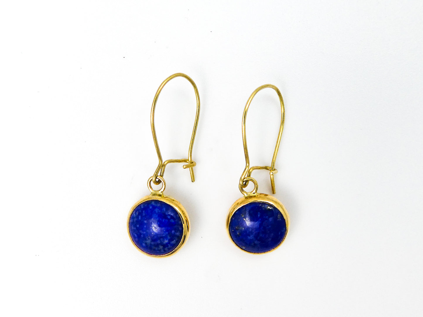 Lapis and 14k Yellow Gold Round Bezel Drop Earrings, classic 8mm round blue cabochon earrings | Ready to Ship