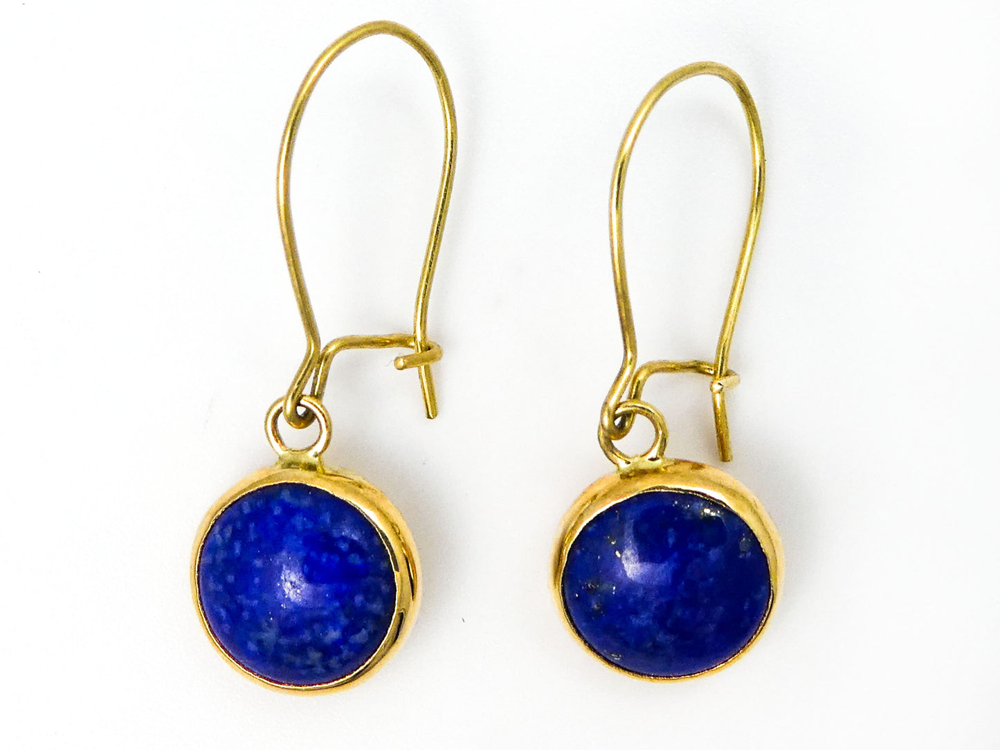 Lapis and 14k Yellow Gold Round Bezel Drop Earrings, classic 8mm round blue cabochon earrings | Ready to Ship