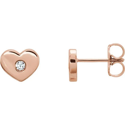 Gold Heart Studs with Diamonds - Diamond Earrings in 14k White, Rose or Yellow Gold