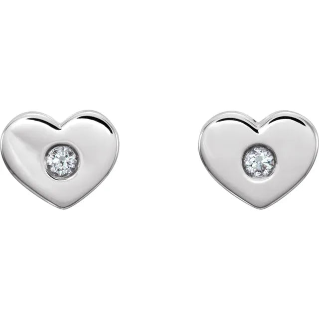 Diamond and Heart Studs in Sterling Silver, sweet heart shapes earrings with flush-set diamond accents