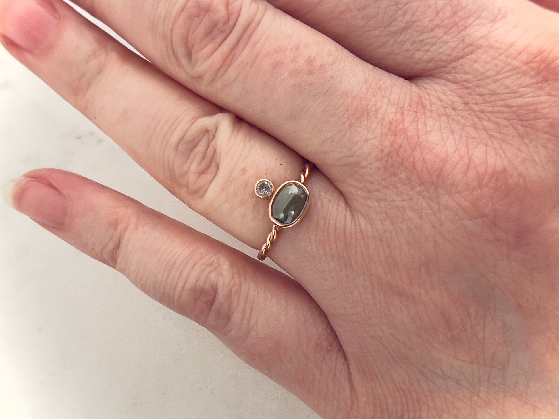 East West Oval Rose Cut Diamond Engagement Ring with 14k Rose Gold