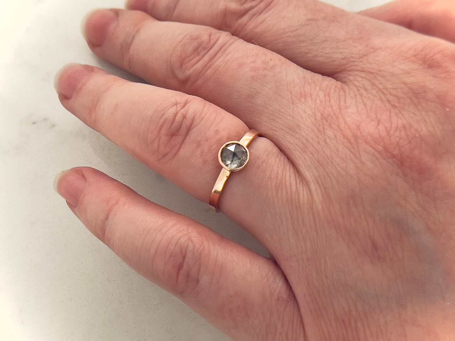 Half Carat Rose Cut Diamond Solitaire Engagement Ring with low tapered bezel in polished 14k rose gold, Ready to ship