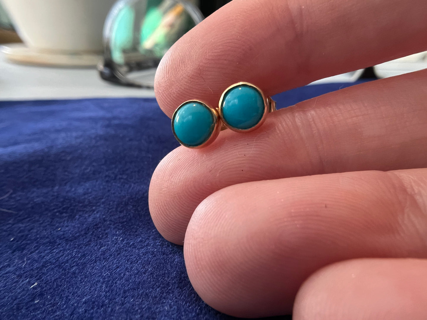 Turquoise and 14k Gold Studs - 6mm round cabochon bezel earrings