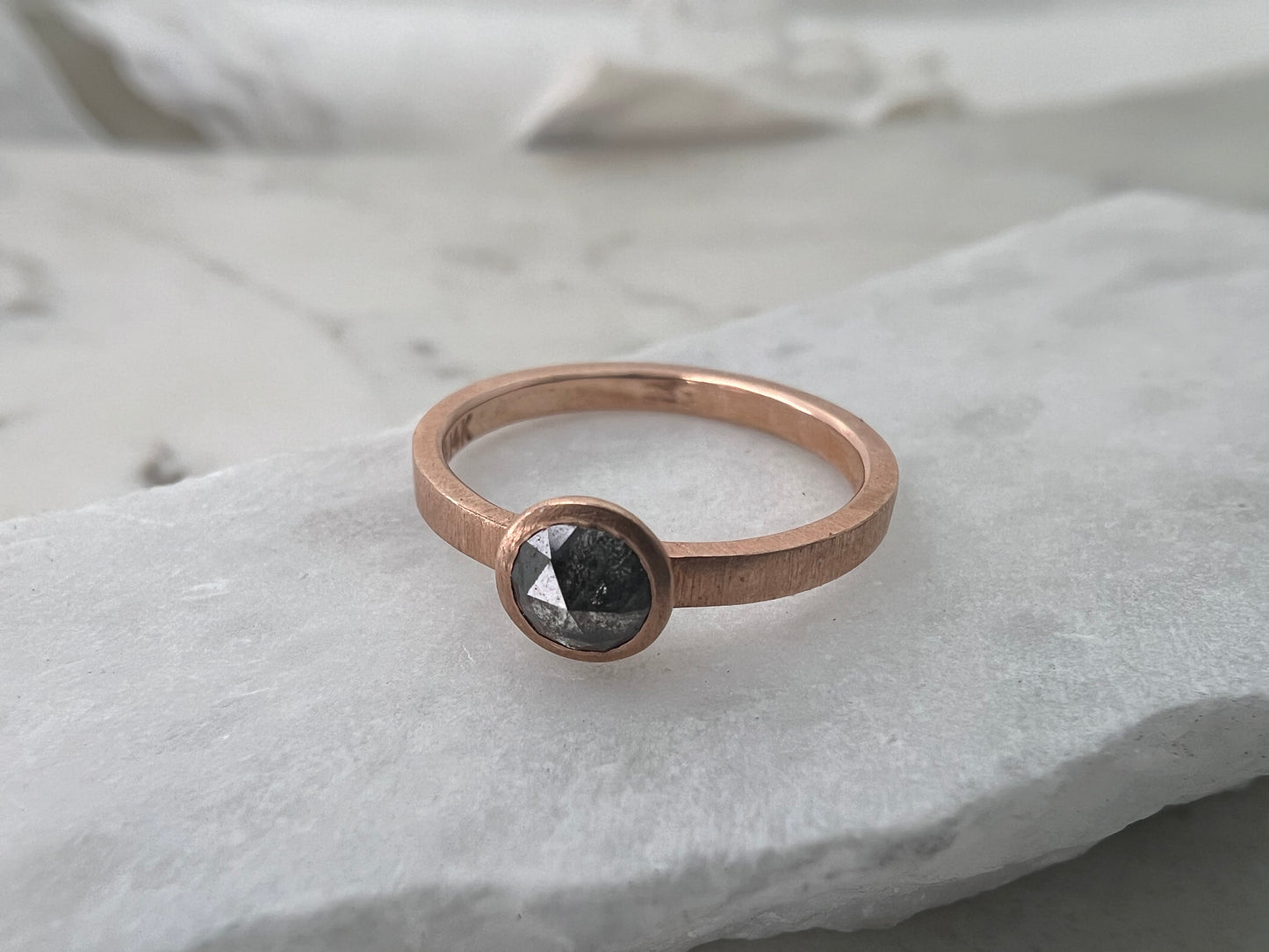 Half Carat Rose Cut Diamond Solitaire Engagement Ring with low tapered bezel in matte 14k rose gold, size 4.75