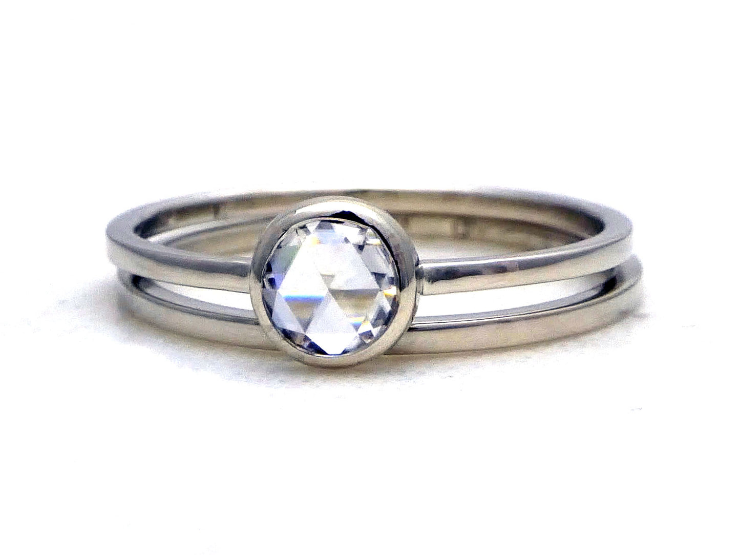 Rose Cut Moissanite Engagement Ring in 14k Gold with a low round bezel and slim square band