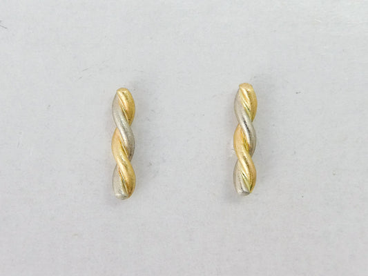 Gold Cruller Studs, 10x2mm two-tone 14k gold twist bar stud earrings