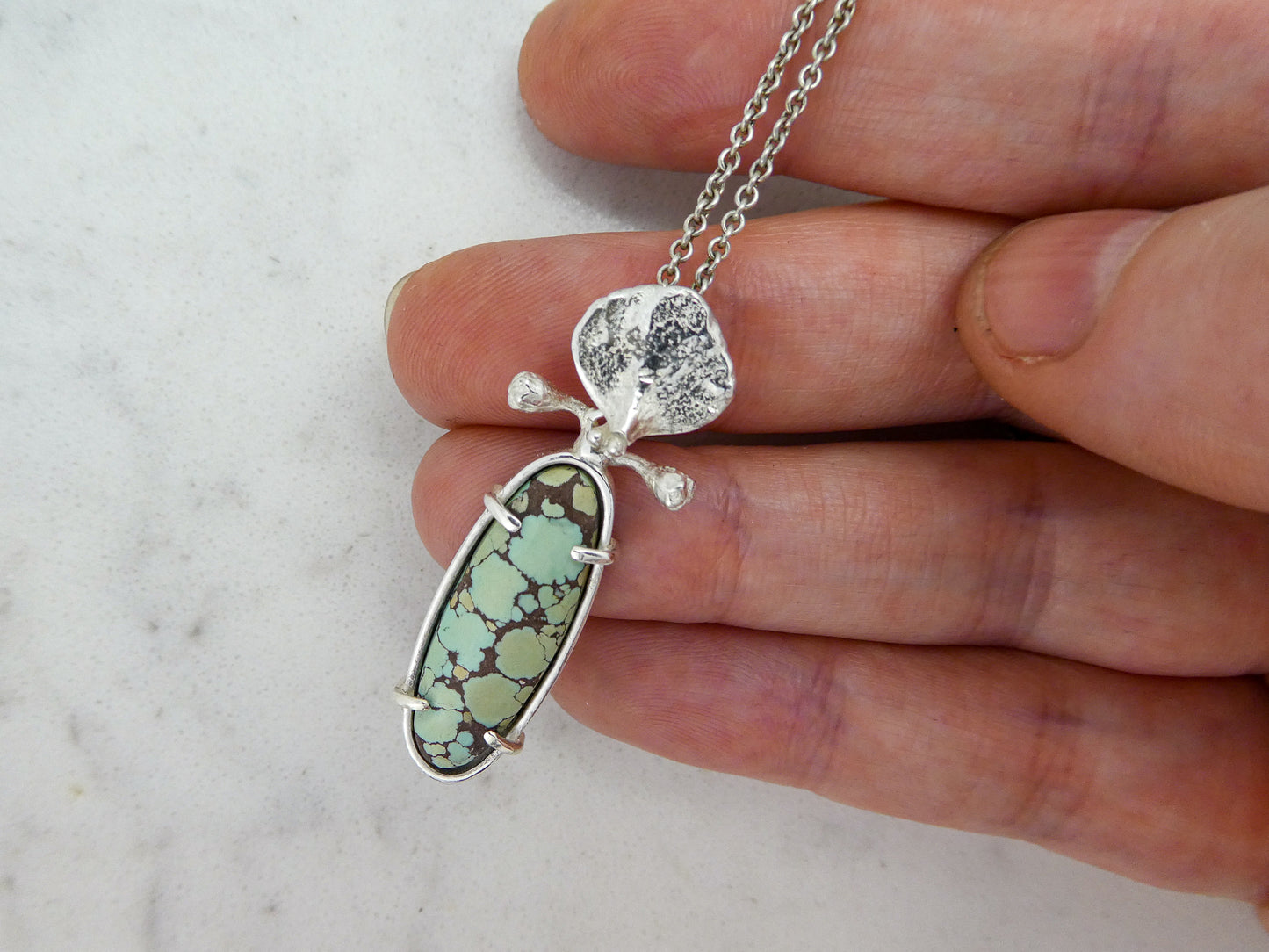 Turquoise and Hand-Cast Succulent Leaf Necklace in sterling silver, long oval turquoise pendant