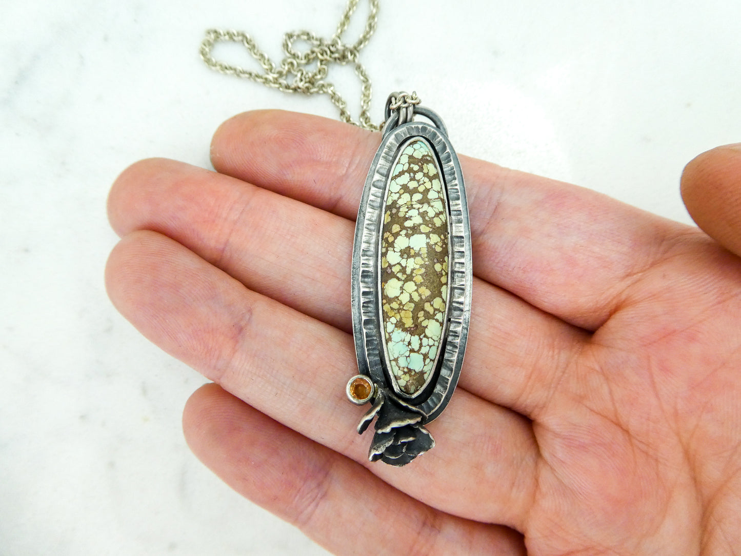 Turquoise and Golden Sapphire Necklace in Sterling Silver with a Hand Cast Succulent