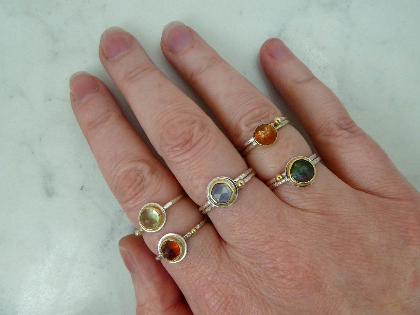 Golden Sunstone Gemstone in a 14k Yellow Gold Bezel on a Slim Silver Stacking Ring Set of 2, Size 5.5