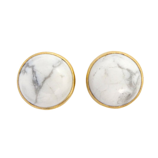 White Howlite and 14k Gold Bezel Studs - 8mm round earrings with white and grey marbled gemstone cabochons