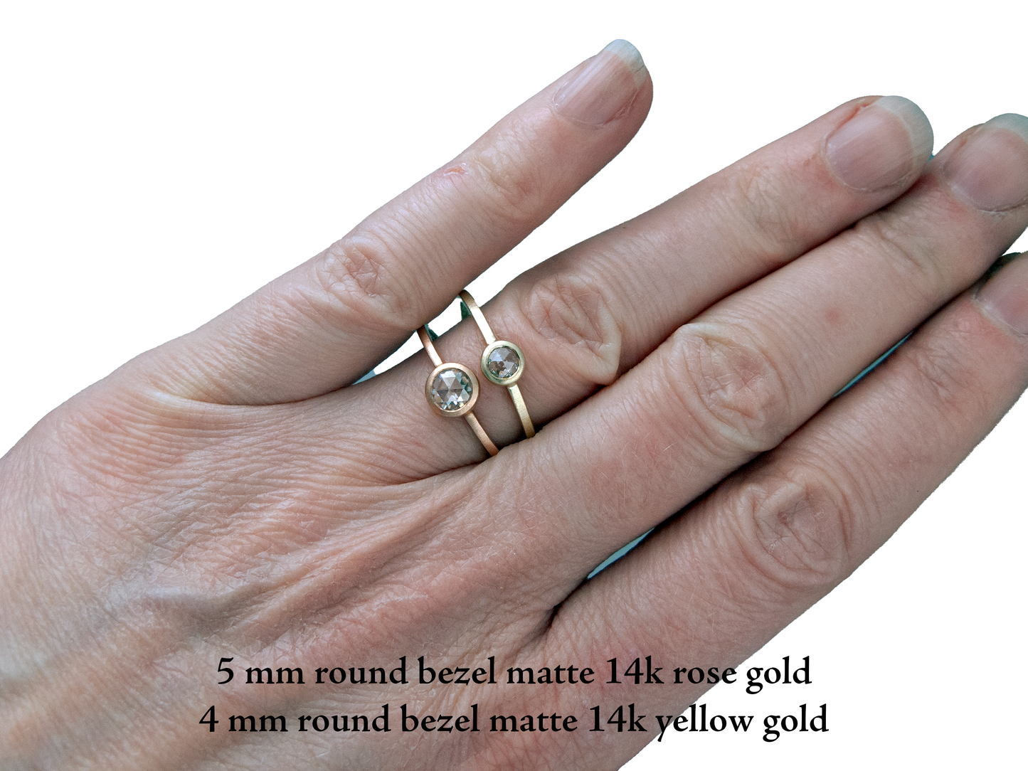 Rose Cut Moissanite Engagement Ring in 14k Gold with a low round bezel and slim square band