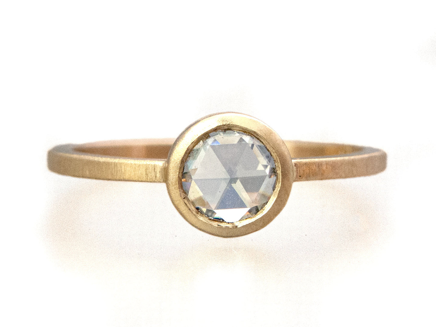 VS Rose Cut Diamond Engagement Ring in 14k Gold with a low round bezel and slim square band