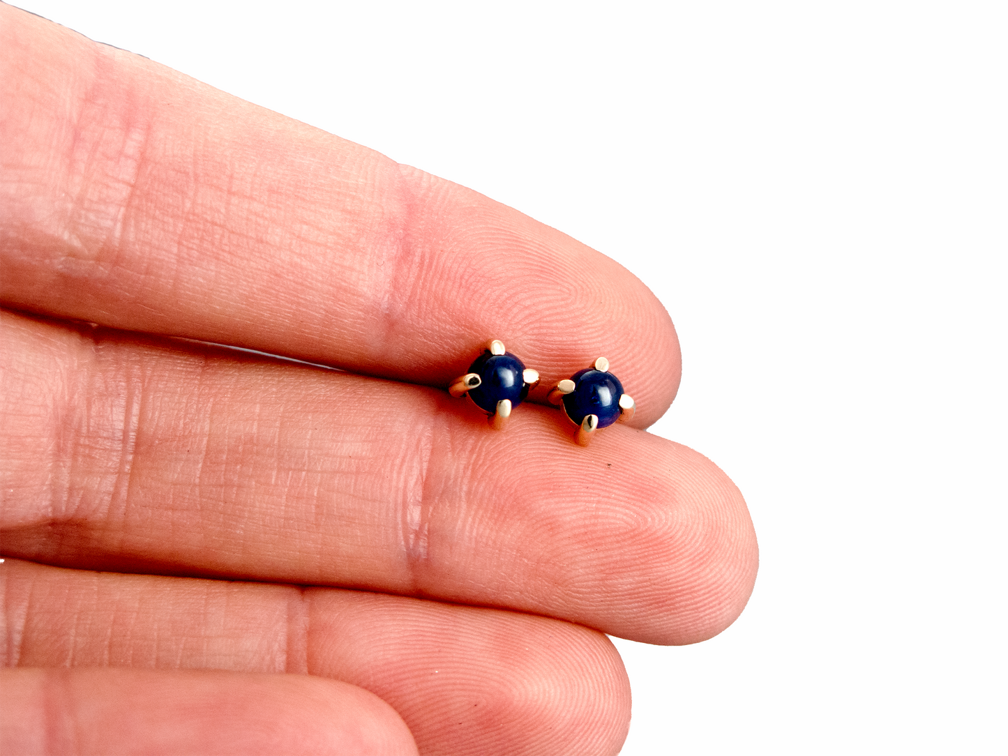 Blue Sapphire Cabochon 4 Prong Studs in 14k Gold - 4mm Round cabochon earrings in 14k rose, yellow or white gold