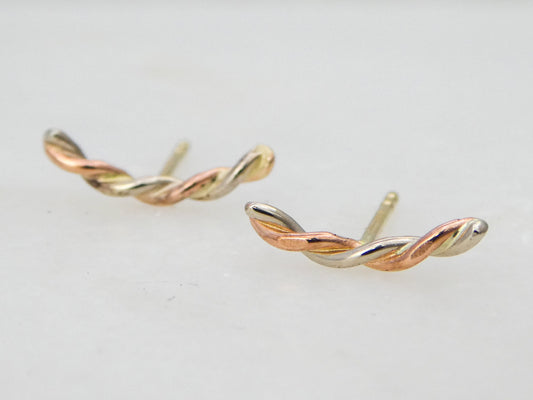 Gold Crescent Studs, 14x1.5mm two-tone 14k gold climber stud earrings