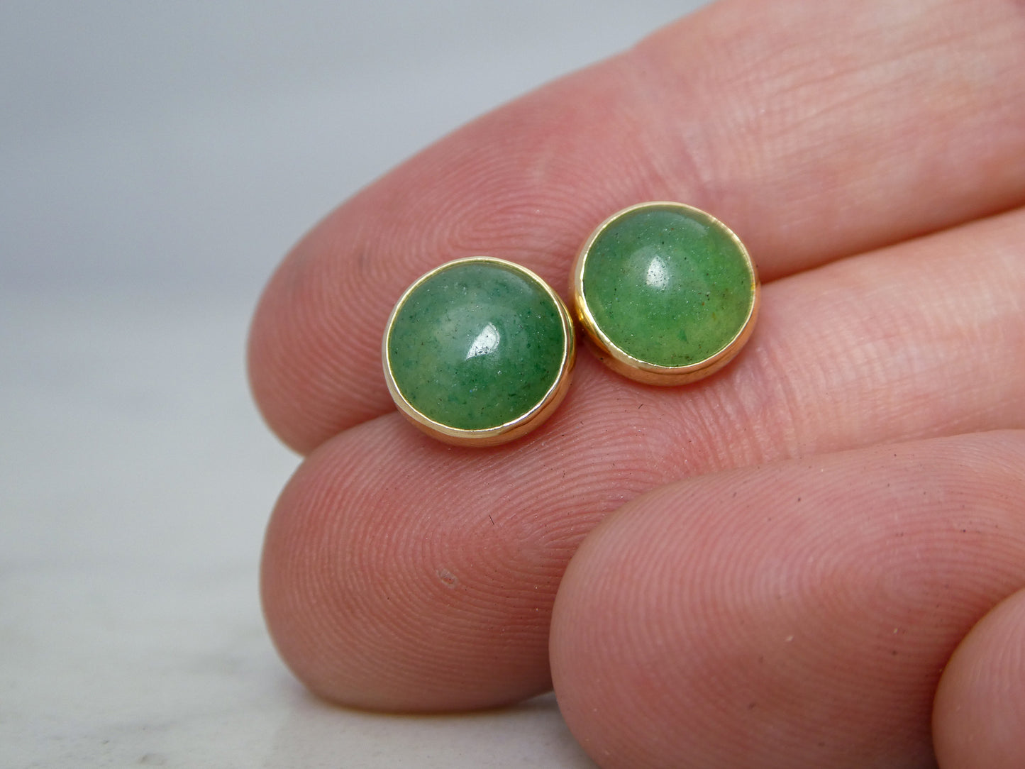 Green Aventurine in 14k Gold Bezel Studs - 8mm round cabochon earrings