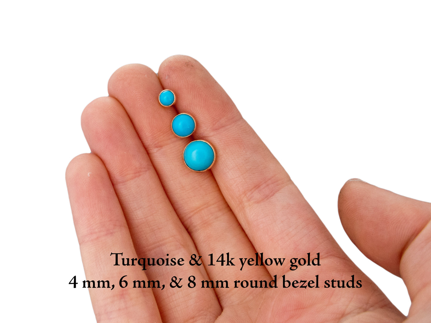 Large Turquoise Gold Studs - 8mm round cabochon bezel earrings