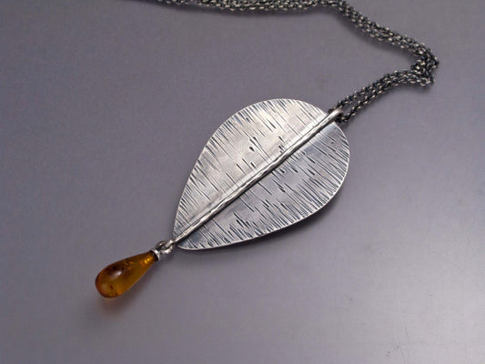 Large Sterling Silver Leaf Pendant Necklace with Amber Drop Ready to Ship