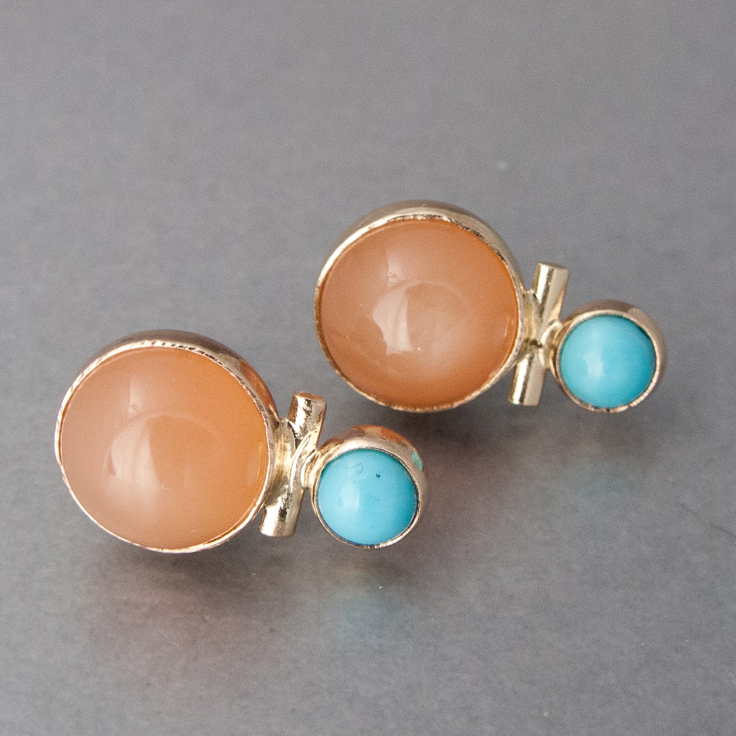 Peach Moonstone and Turquoise Stud Earrings in 14k Yellow Gold Bezels