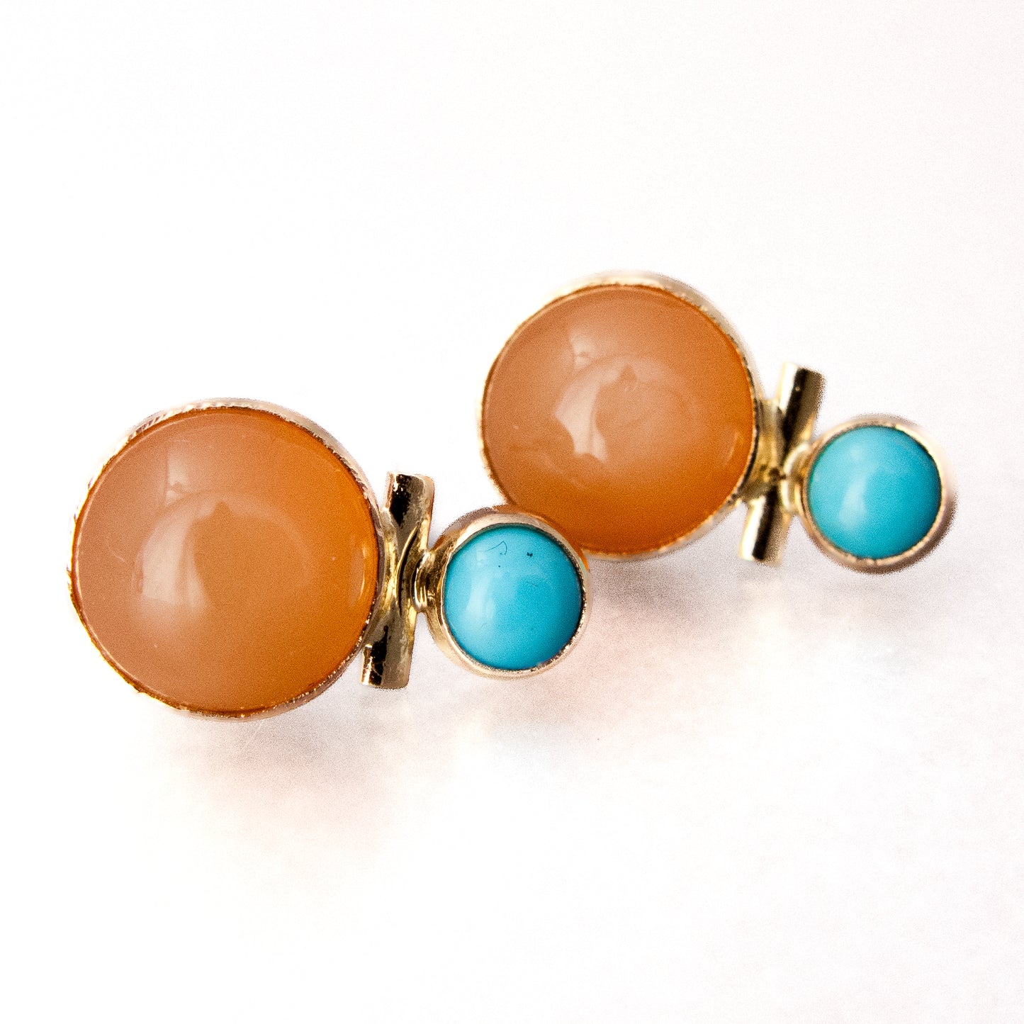 Peach Moonstone and Turquoise Stud Earrings in 14k Yellow Gold Bezels