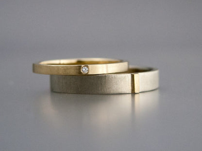 Two-Tone Gold Wedding Band - 4mm Wide Flat 14k White Gold Wedding Ring with Intersecting Yellow Gold Bar