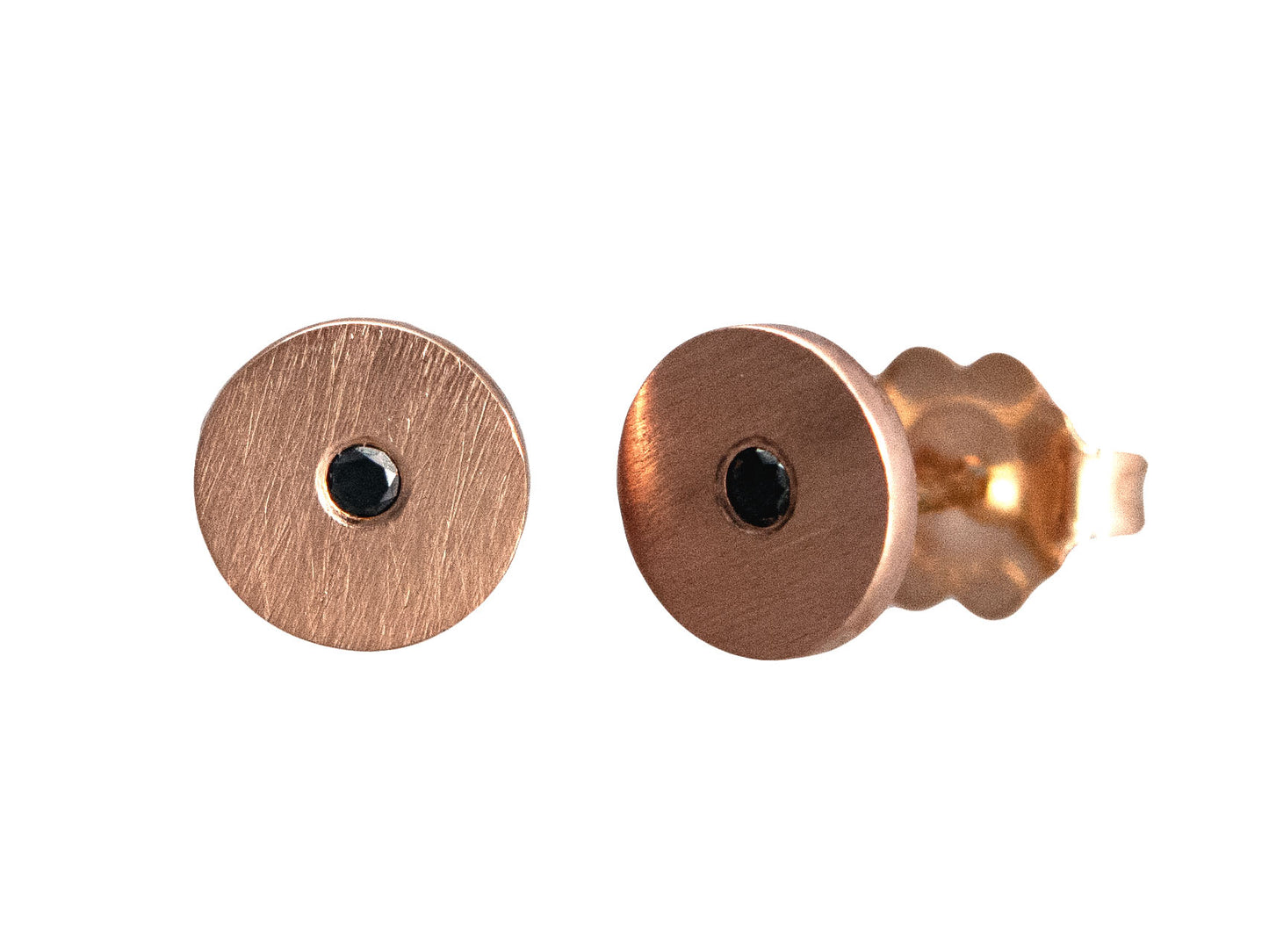 Black Diamond Rose Gold Disk Studs 6mm circle earrings with flush set diamond accents