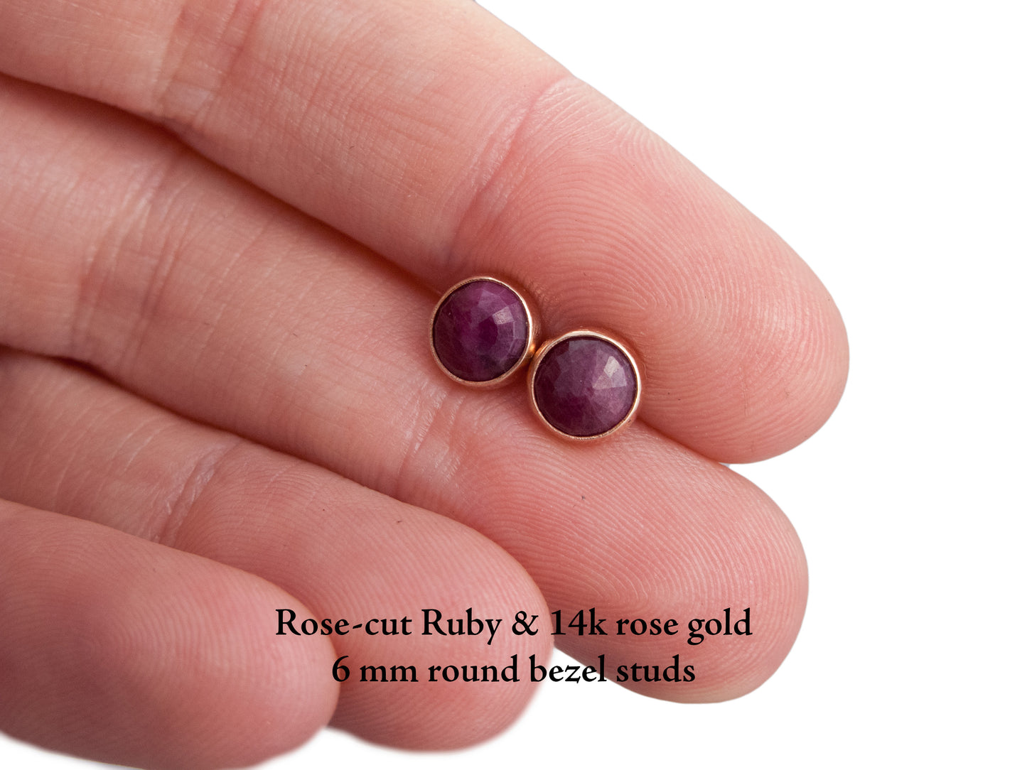 Ruby and Rose Gold Studs - 6mm Rubies in solid 14k rose gold bezels, posts and backs - Ready to Ship