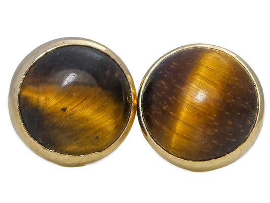 14k Yellow Gold Tiger's Eye 6 mm Round Bezel Stud Earrings