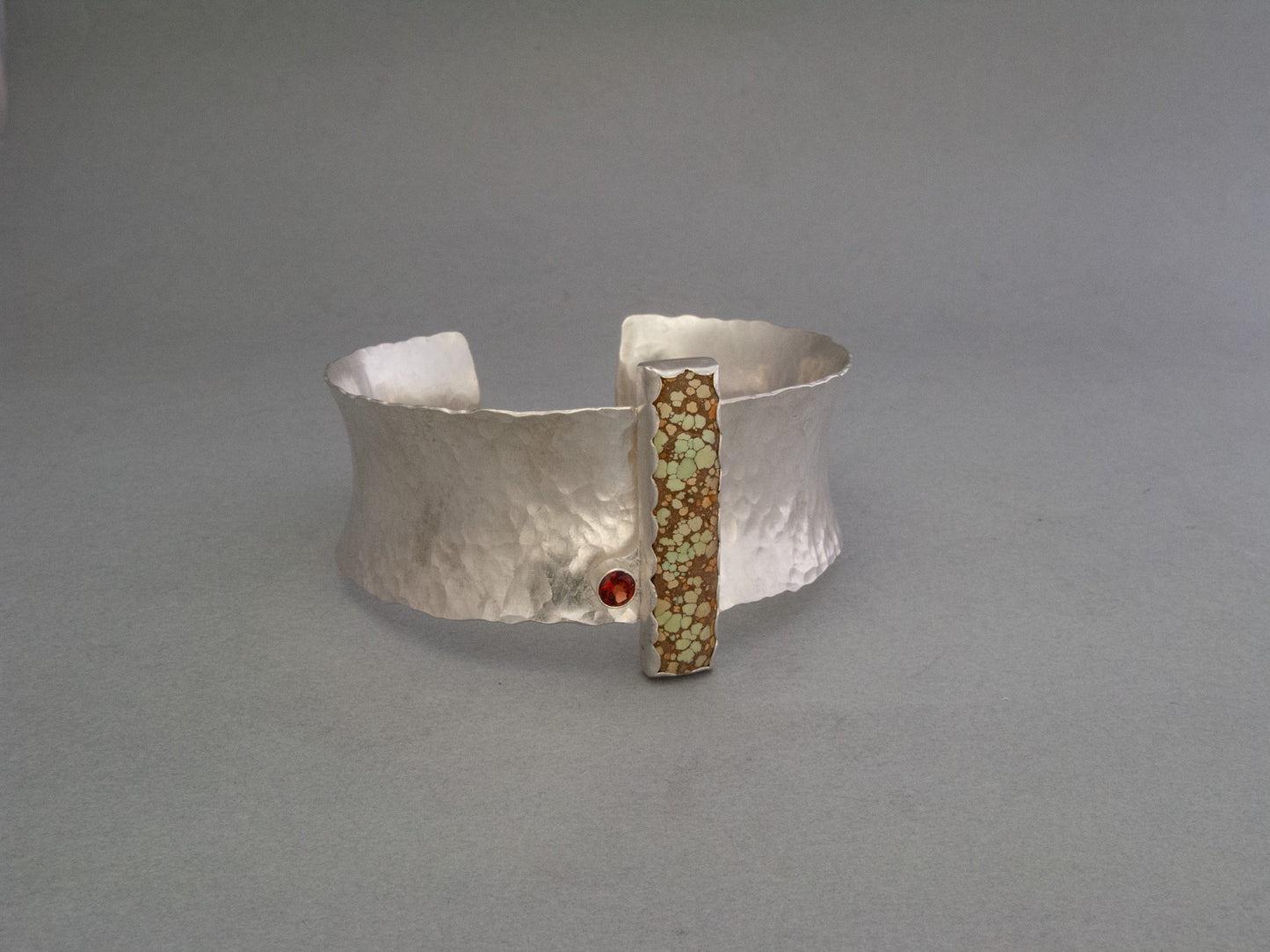 Hubei Turquoise and Garnet Statement Cuff Bracelet in Hammered Sterling Silver