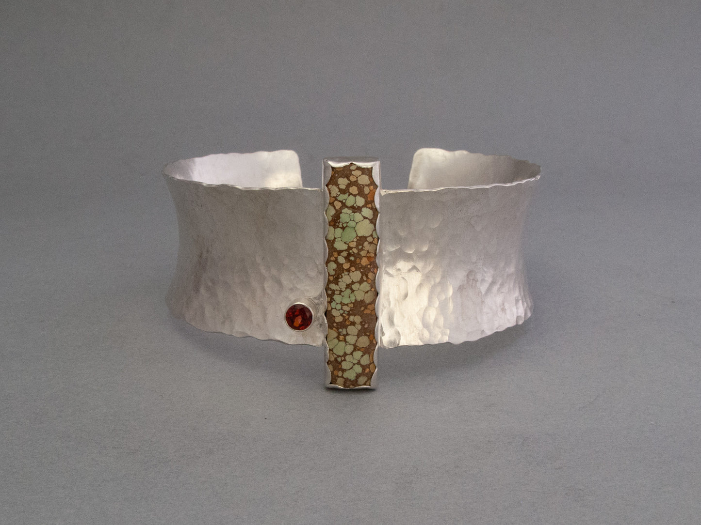 Hubei Turquoise and Garnet Statement Cuff Bracelet in Hammered Sterling Silver