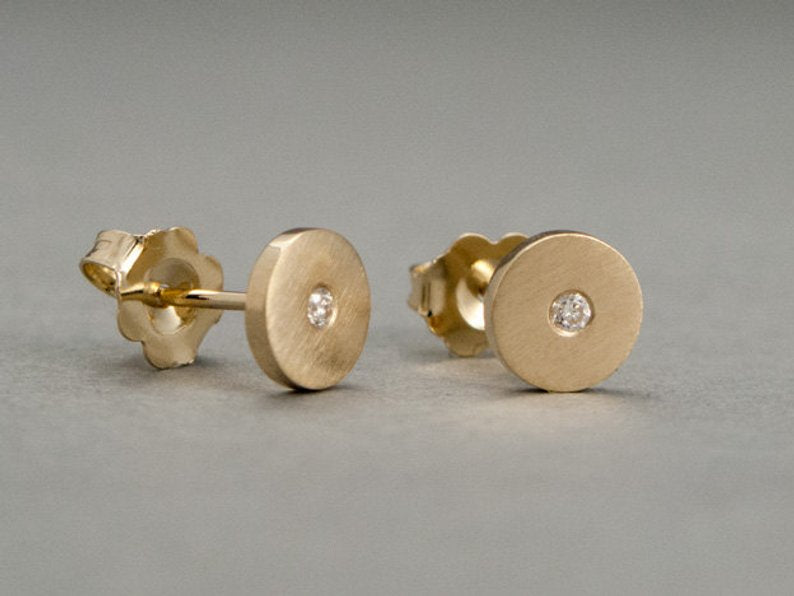 Diamond Gold Disk Studs 6mm circle earrings with flush set diamonds centers