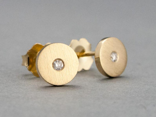 Diamond Gold Disk Studs 6mm circle earrings with flush set diamonds centers