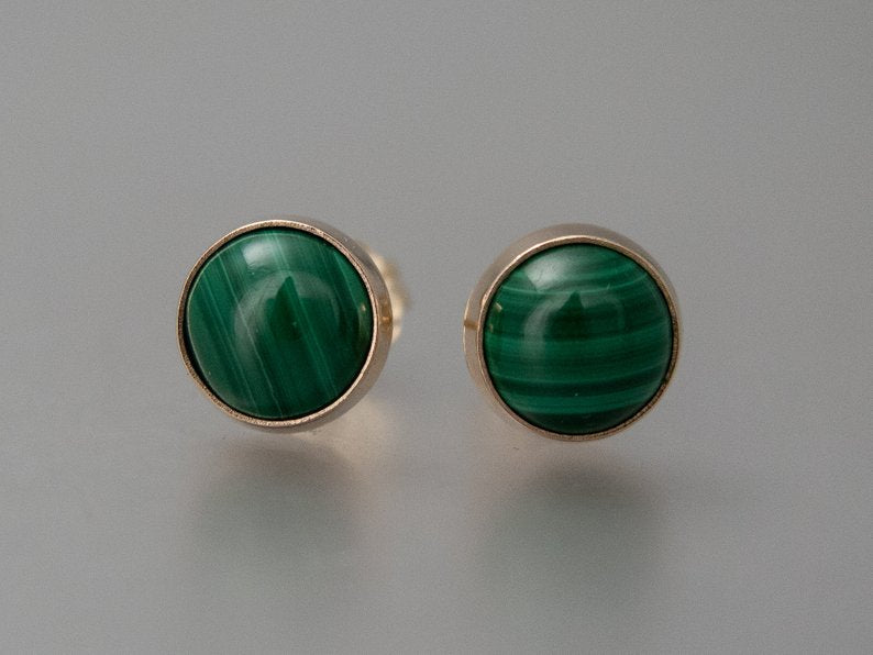 Green Malachite Gold Stud Earrings, 6mm solid 14k gold settings, posts and backs