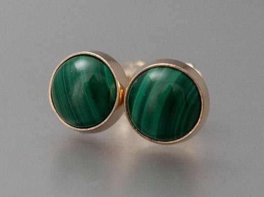 Green Malachite Gold Stud Earrings, 6mm solid 14k gold settings, posts and backs