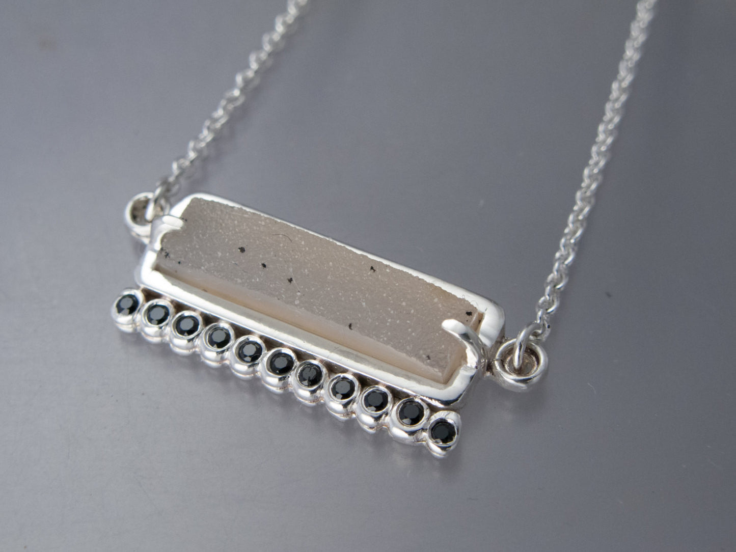 Drusy Agate and Back Spinel Necklace in Sterling Silver